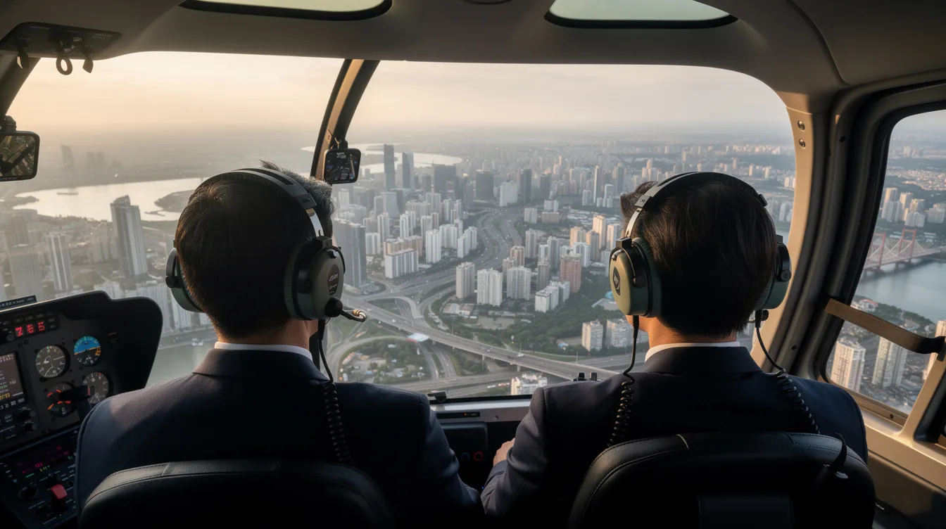 Two passengers wearing headsets sit inside a helicopter cabin, gazing out at the stunning views of a sprawling city landscape below during their helicopter tour. The image captures the excitement of the flight, showcasing the expertise of the pilot as they soar over the urban skyline.