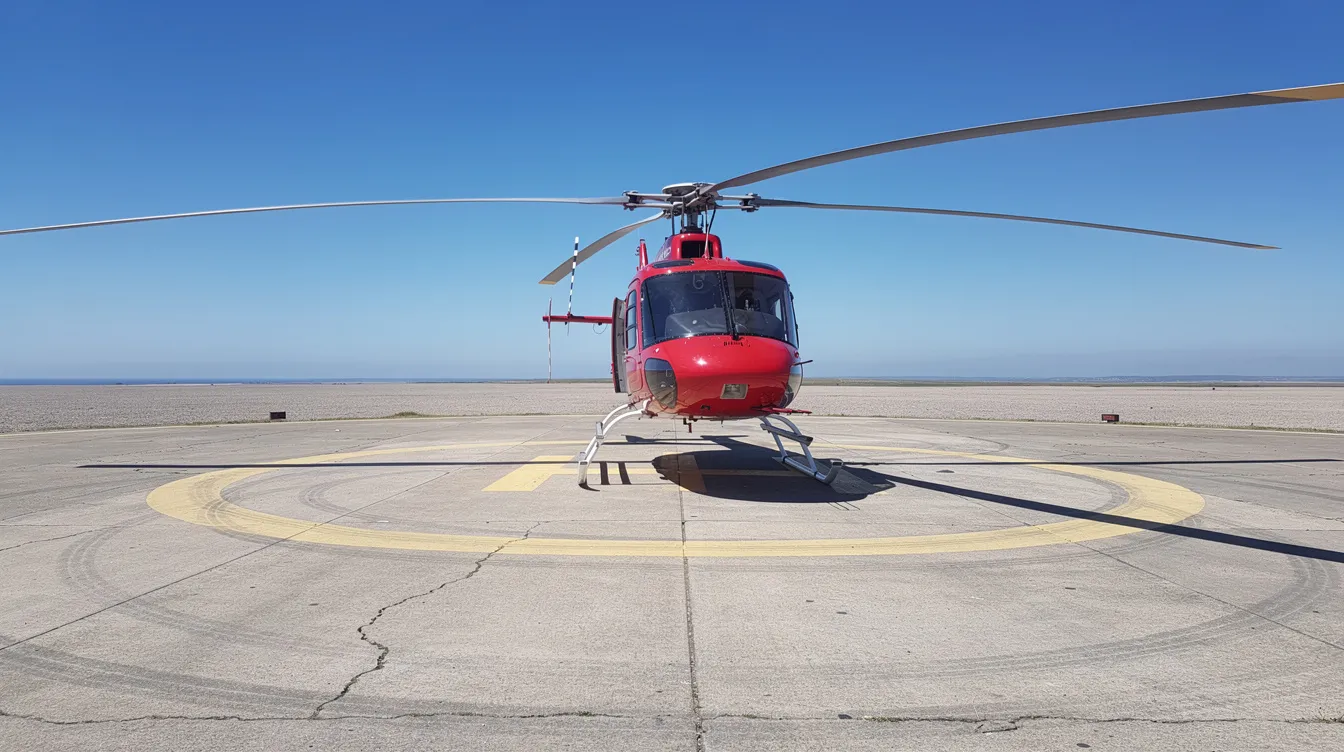 A small red helicopter is parked on a concrete helipad under a clear blue sky, ready for helicopter tours that promise stunning views of Texas. The scene captures the essence of flight, inviting guests to soar above the landscape with expert pilots.