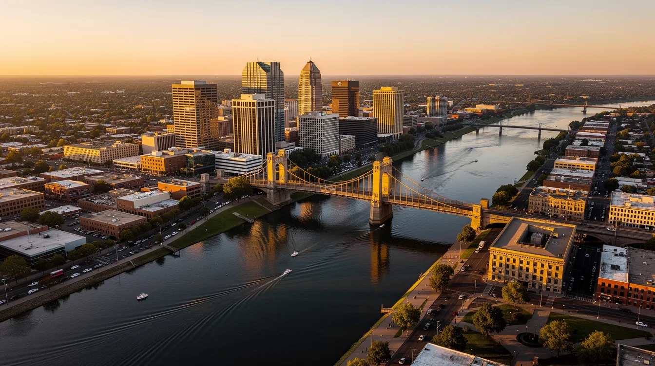 An aerial view showcases downtown Sacramento, where the Sacramento River gracefully winds through the cityscape, highlighting the vibrant urban landscape of Northern California. This stunning perspective emphasizes the beauty and layout of the area, perfect for those interested in helicopter services offered by Sacramento Executive Helicopters, Inc.