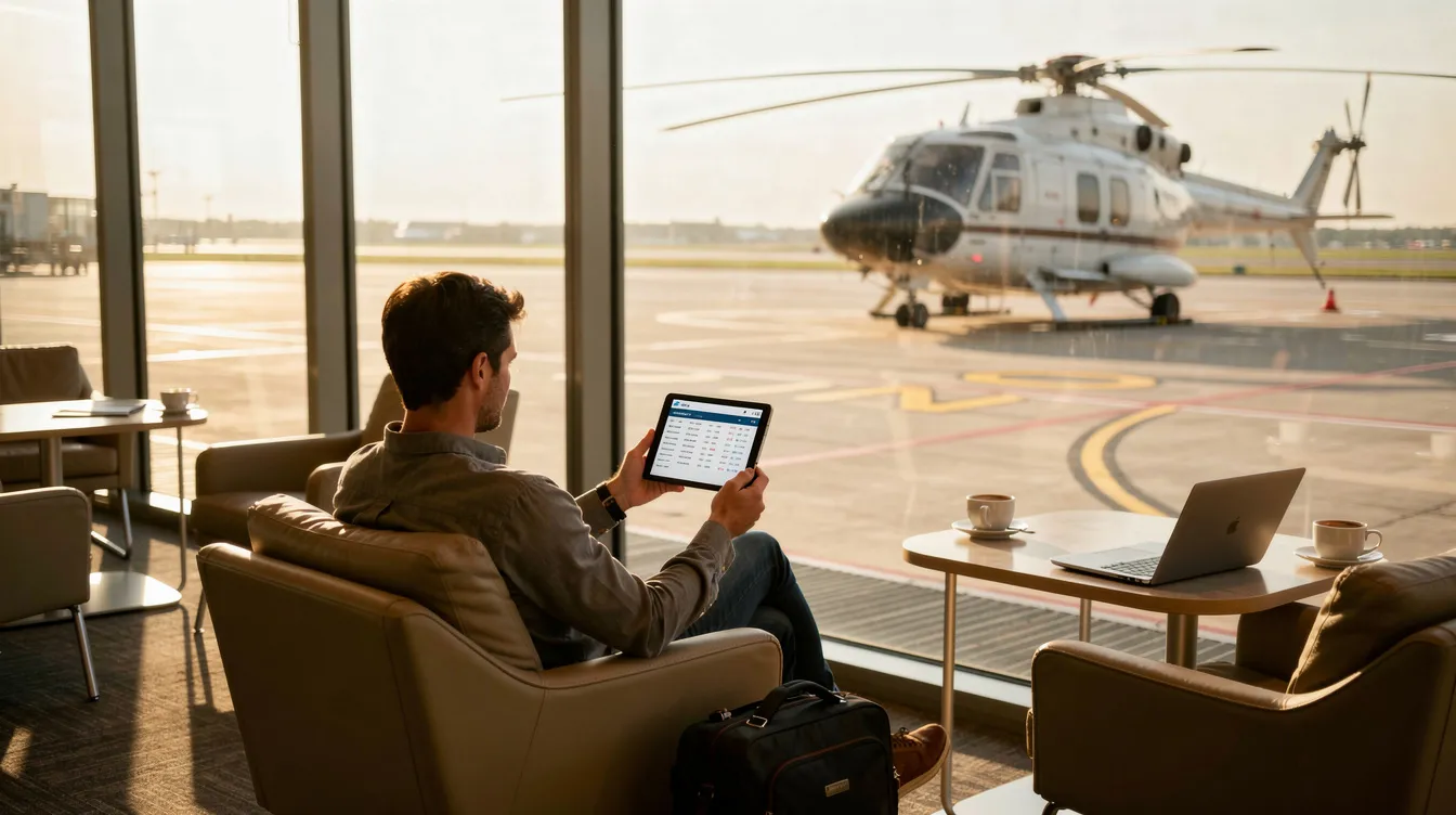 A person is seated in an airport lounge, focused on a tablet while a helicopter is visible on the tarmac outside the window, highlighting the helicopter services available in Northern California. The scene captures the blend of modern technology and aviation convenience in California.