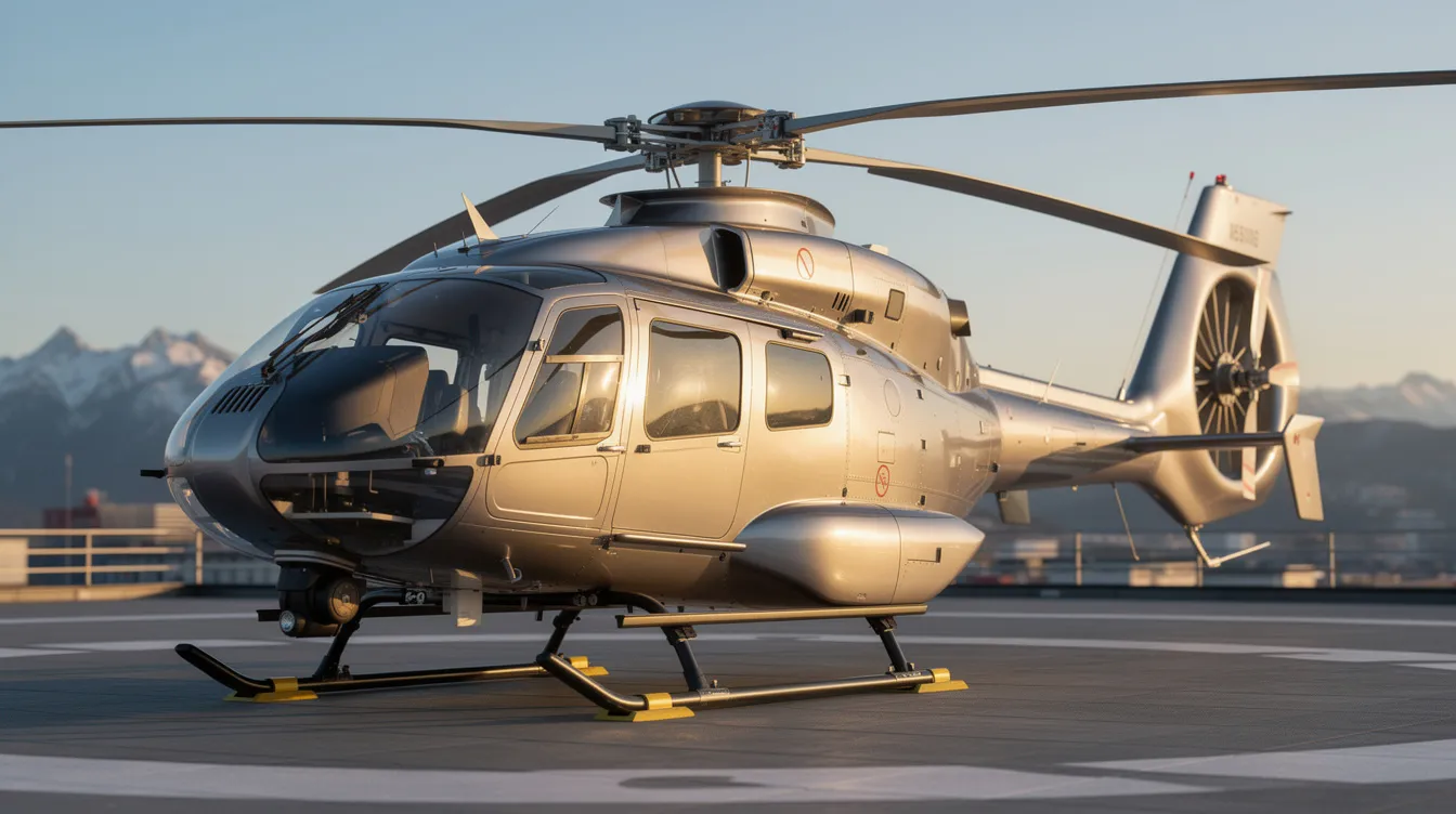 A close-up view of an AS365 N3 Dauphin helicopter with a shrouded tail rotor sits on a helipad, surrounded by majestic mountains in the background. The image highlights the aircraft's sleek design and features, including the enlarged tail surfaces and composite rotor hub, showcasing its capabilities as a versatile air sea rescue helicopter.