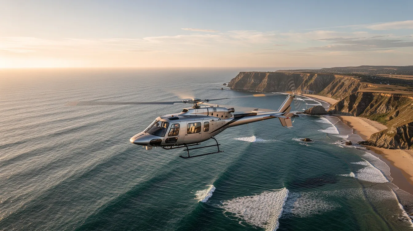 A twin-engine AS365 Dauphin helicopter soars above a sunlit coastline, with the vibrant blue ocean stretching out below. The aircraft's sleek design and main rotor are highlighted against the scenic backdrop, showcasing its capabilities as both a civil and military operator.