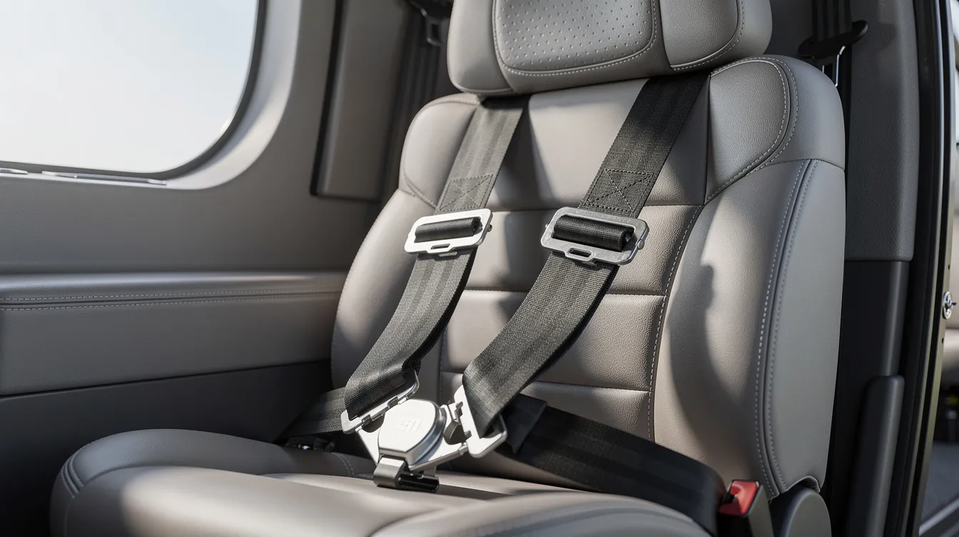 A close-up view of a helicopter passenger seat featuring a four-point harness and a cushioned headrest, designed for comfort and safety. This crashworthy passenger seat is ideal for military aircraft, meeting the specific requirements for crew members and troop seating.