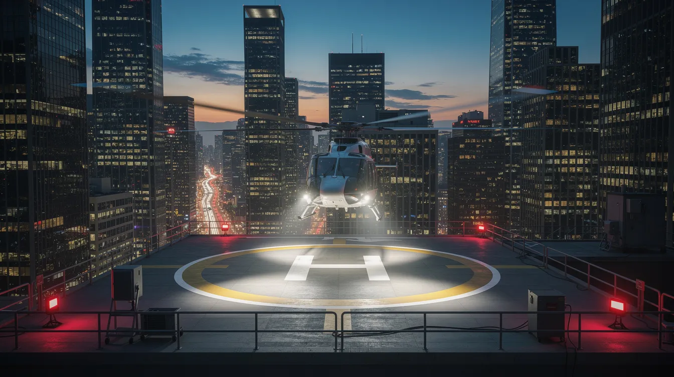 A helicopter is landing on a rooftop helipad, with a sprawling city skyline visible in the background. The scene captures the aircraft's sleek design, emphasizing its crashworthy passenger seats and the crew members preparing for landing.