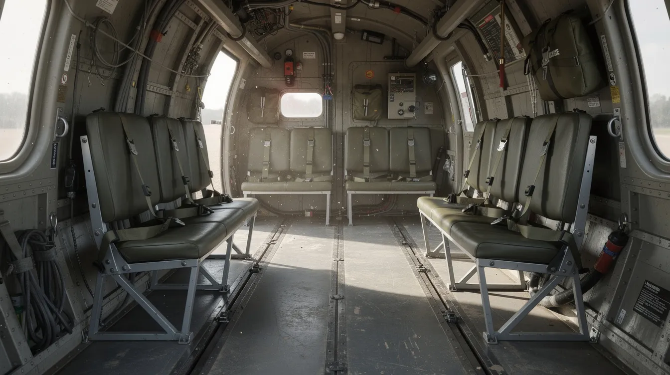The image depicts the interior of a utility helicopter cabin featuring fold-down bench seats along the walls, designed to accommodate crew members and passengers. These crashworthy passenger seats are arranged to maximize space and comfort, adhering to military aircraft requirements for safety and functionality.