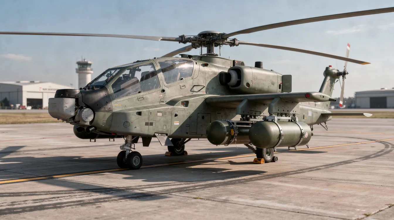 A black hawk helicopter is parked on a tarmac, equipped with external fuel tanks mounted on its stub wings, showcasing its readiness for various military operations. The Sikorsky UH-60 Black Hawk is designed for versatile roles, including troop transport and rescue missions.