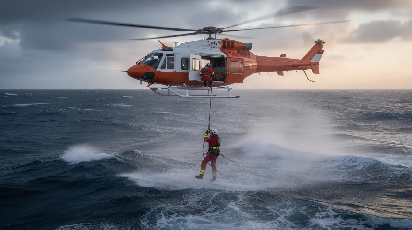 A black hawk helicopter hovers over open water, performing a rescue hoist operation as a crew member is lowered on a cable to assist individuals in distress. The scene captures the versatility of the Sikorsky UH-60 Black Hawk in search and rescue missions, showcasing its crucial role in military and emergency operations.