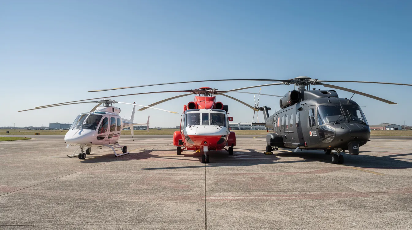 Three helicopters of varying sizes are parked on a concrete helipad, set against a backdrop of clear blue skies. This scene includes a military transport helicopter, a utility helicopter, and a heavy lift helicopter, showcasing their diverse capabilities for military operations and support tasks.