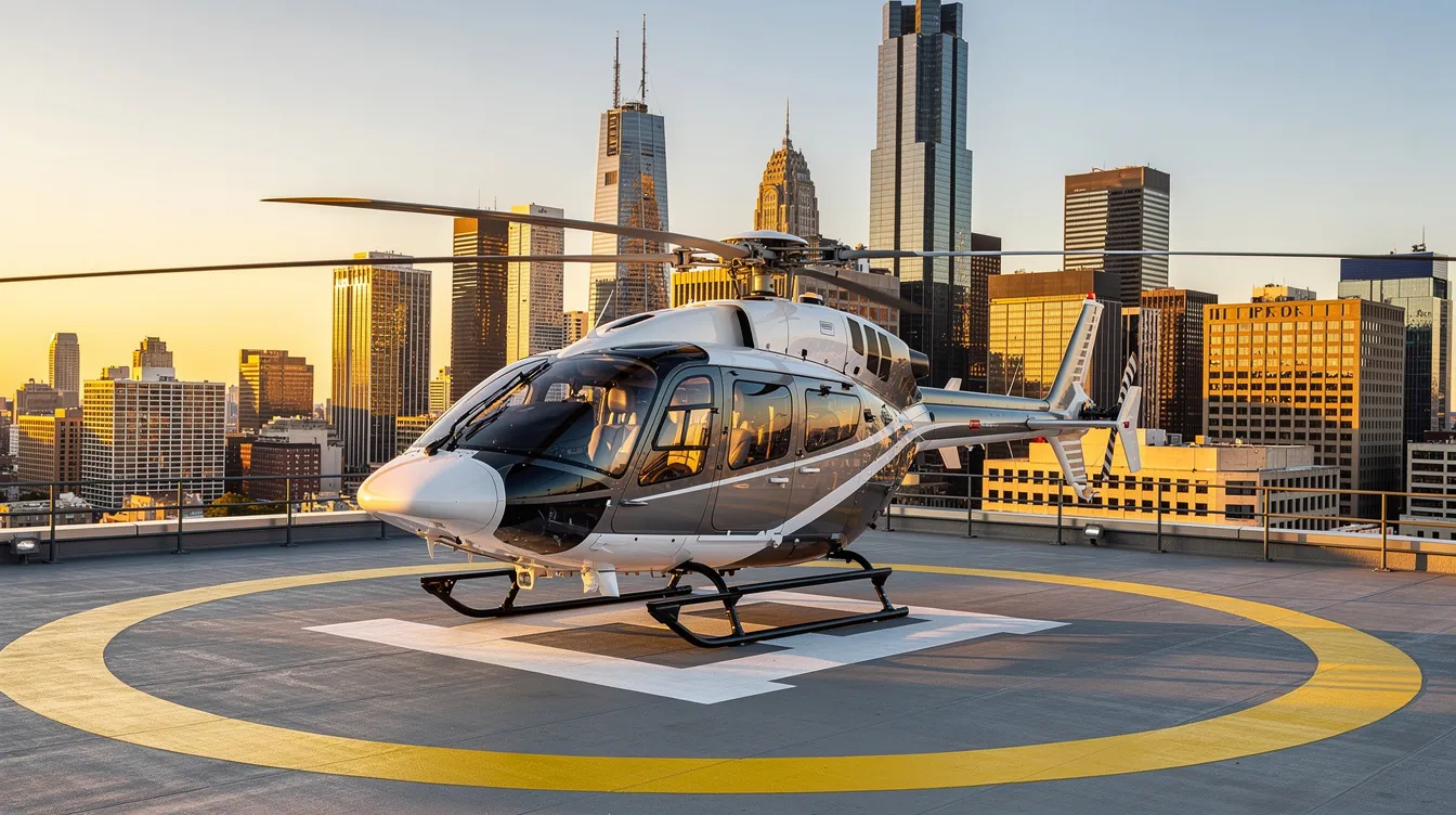 A sleek charter helicopter is parked on a rooftop helipad, with a stunning city skyline in the background showcasing tall buildings and a clear sky. The helicopter, featuring a modern design, is ready for operation, highlighting its brushless motor and impressive shaft length.