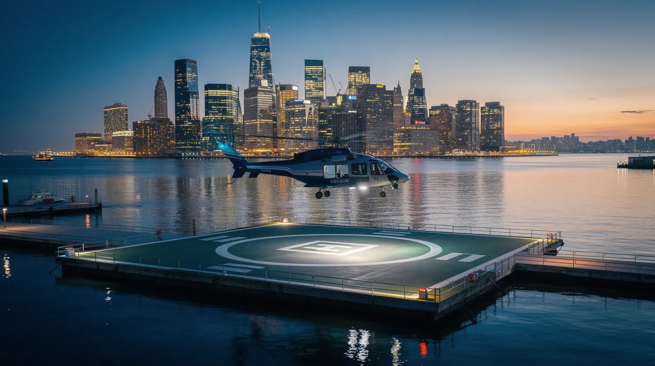 A helicopter is landing on a waterfront helipad with the stunning Manhattan skyline and the Hudson River in the background, highlighting a unique perspective of New York City. This scene captures the excitement of private flights and helicopter tours, offering passengers an amazing experience with spectacular views of the city.