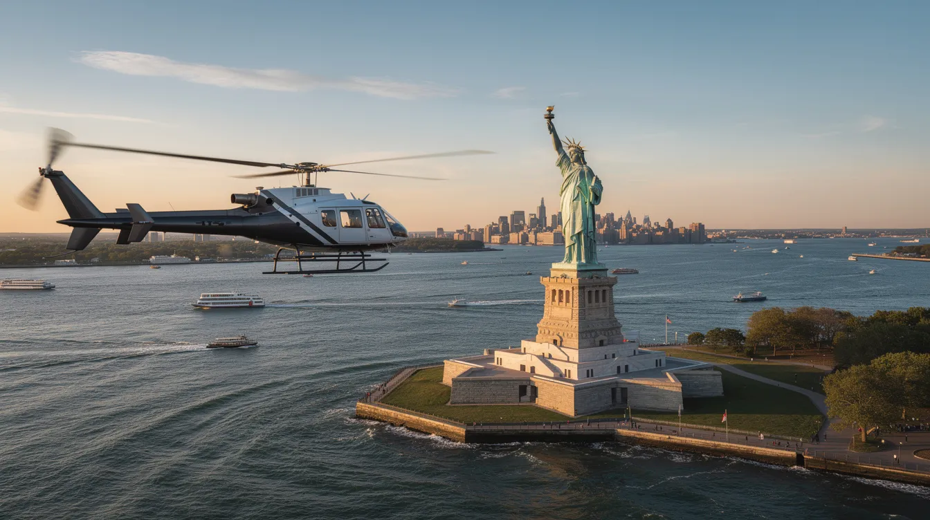 A helicopter from a New York helicopter company flies gracefully near the Statue of Liberty, providing passengers with breathtaking views of the New York harbor below, including the iconic Manhattan skyline and the Hudson River. This helicopter ride offers a unique experience and an amazing perspective of one of the city's most popular destinations.
