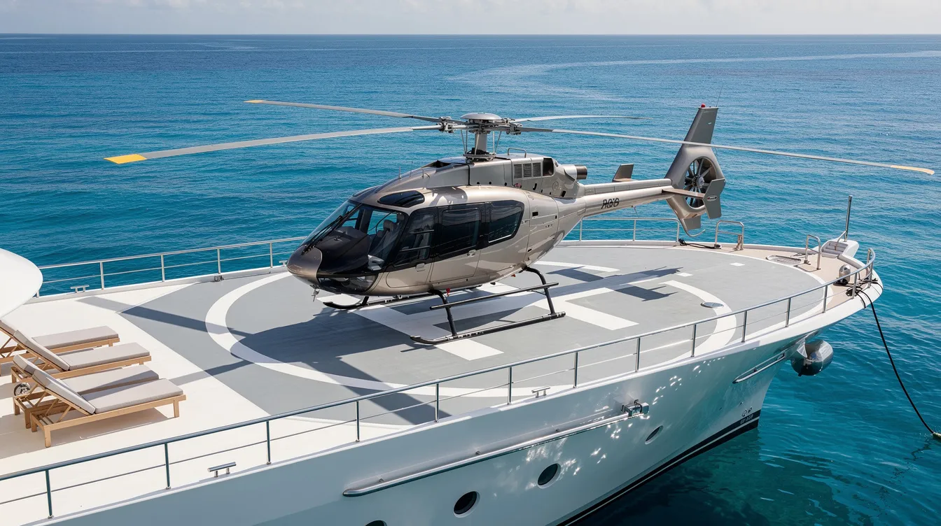 A helicopter is parked on the landing deck of a large yacht, surrounded by calm blue waters, showcasing the precision of a normal landing on a flat surface. The scene emphasizes the aircraft's sleek design and the serene environment, highlighting the pilot's skill in maneuvering the helicopter into place.