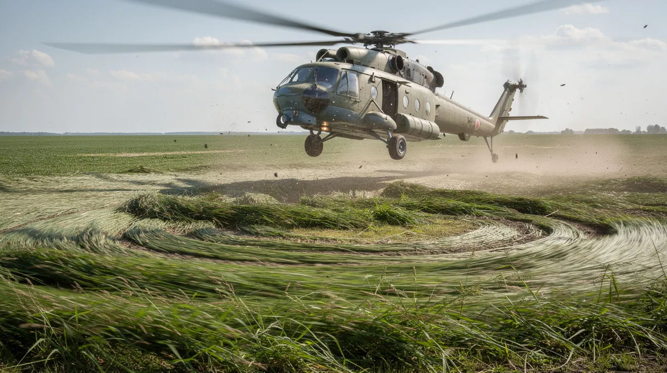A helicopter is hovering low over a flat grassy field, with the rotor wash visibly bending the grass beneath it. This maneuver showcases the aircraft's ability to maintain a very low airspeed while preparing for a potential landing.