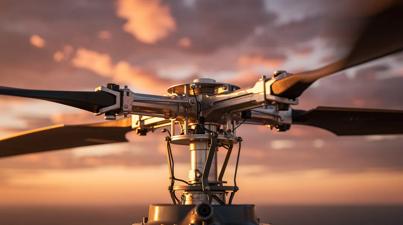 A close-up view of helicopter rotor blades spinning against a vibrant sunset sky, highlighting the intricate design of the rotor hub and blades essential for flight stability and performance in various operations, including military and medical evacuation missions.