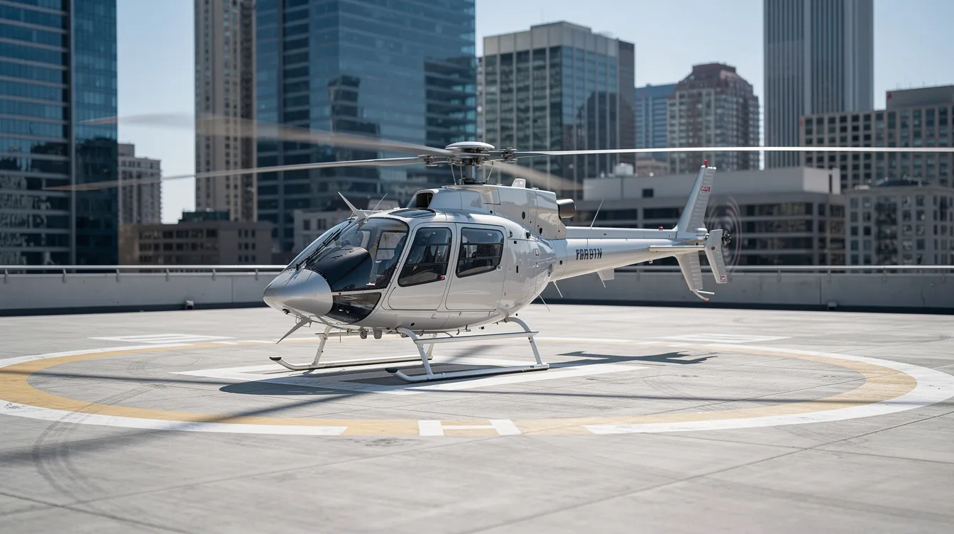 A light helicopter is parked on a concrete helipad, with a bustling city skyline in the background. The helicopter features a main rotor and tail rotor, showcasing its design for various operations, including transport and medical evacuation.