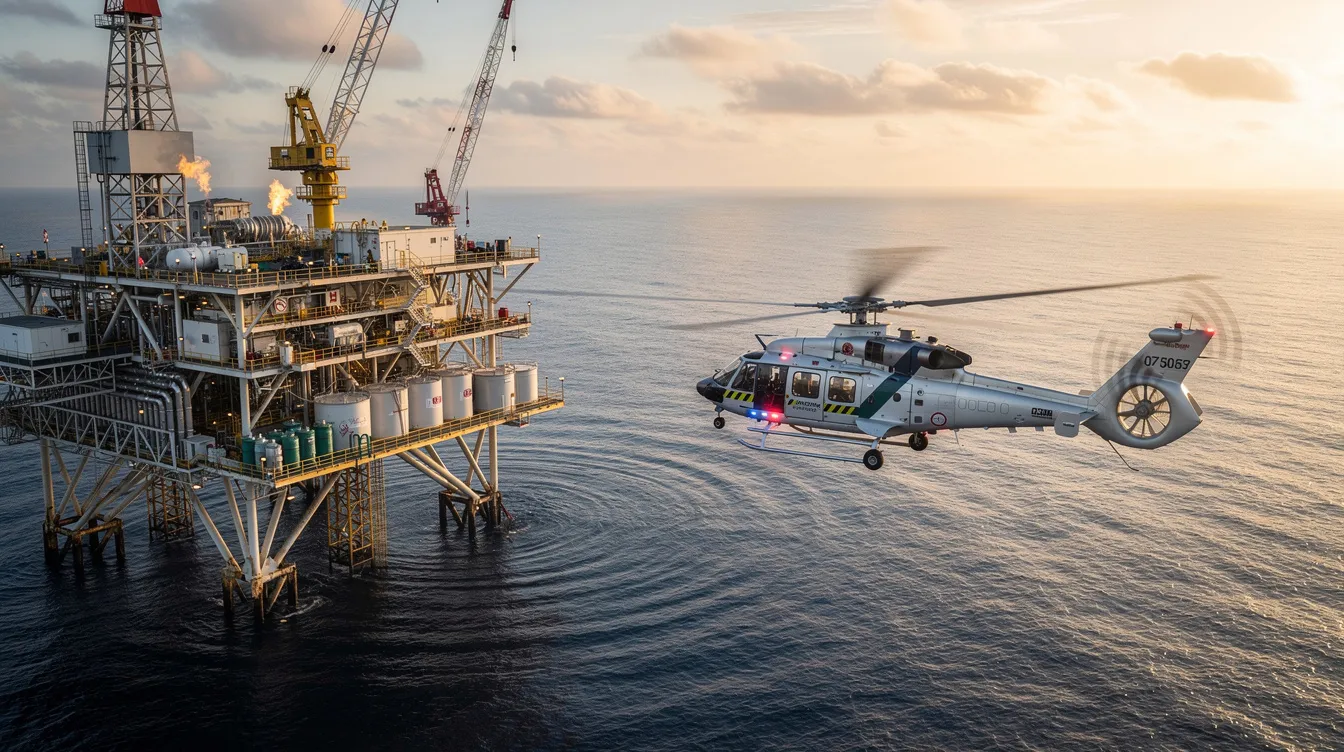 A military helicopter is seen approaching an offshore oil platform, flying over the open ocean with its rotor blades spinning. The aircraft is configured for operations, showcasing its powerful engine and stability as it prepares for landing, demonstrating the capabilities of modern helicopter models.