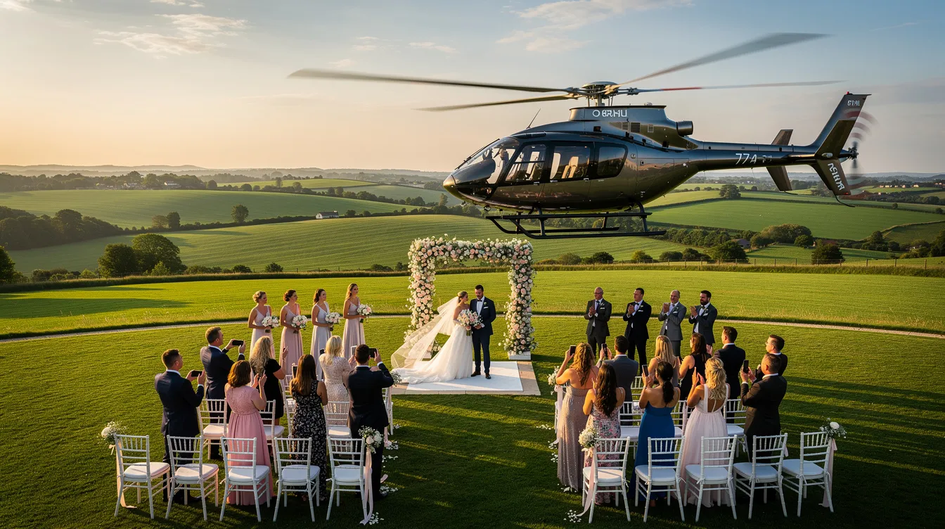 A helicopter is landing at a picturesque outdoor wedding venue surrounded by rolling green countryside, with ample space for up to four passengers in its spacious cabin. The scene captures the beauty of the event alongside the excitement of helicopter tours, offering panoramic views of the landscape.