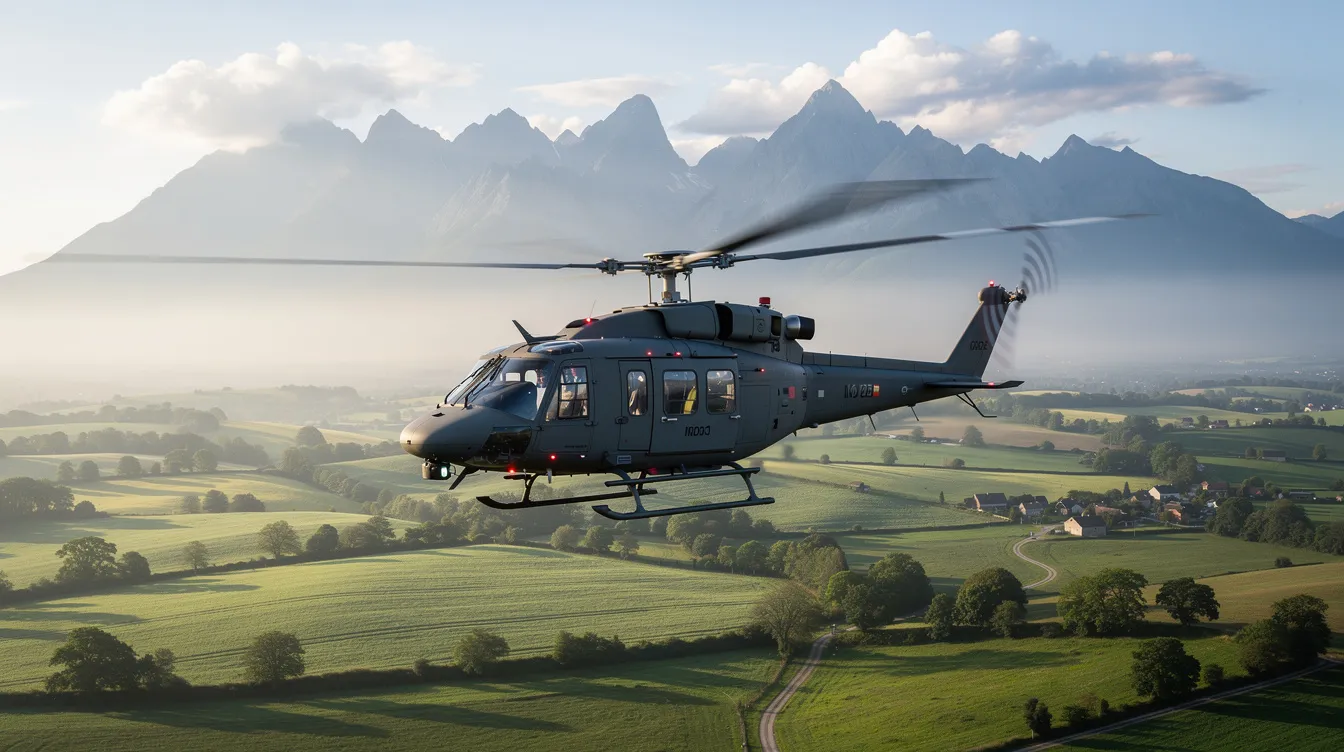 A modern helicopter is flying over lush green countryside, with majestic mountains rising in the background. The noticeable helicopter noise generated by its powerful rotors can be heard, illustrating the aircraft's presence in this serene landscape.