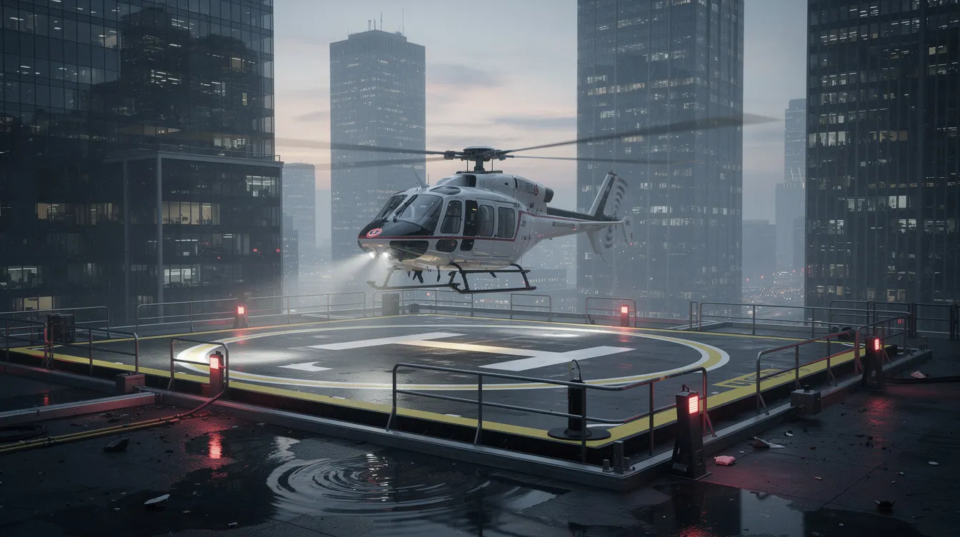 A helicopter is landing on a rooftop helipad in an urban environment, generating noticeable helicopter noise as its rotors spin. This scene illustrates the integration of aircraft into city life, highlighting the balance between public acceptance and the impact of noise levels on residents.