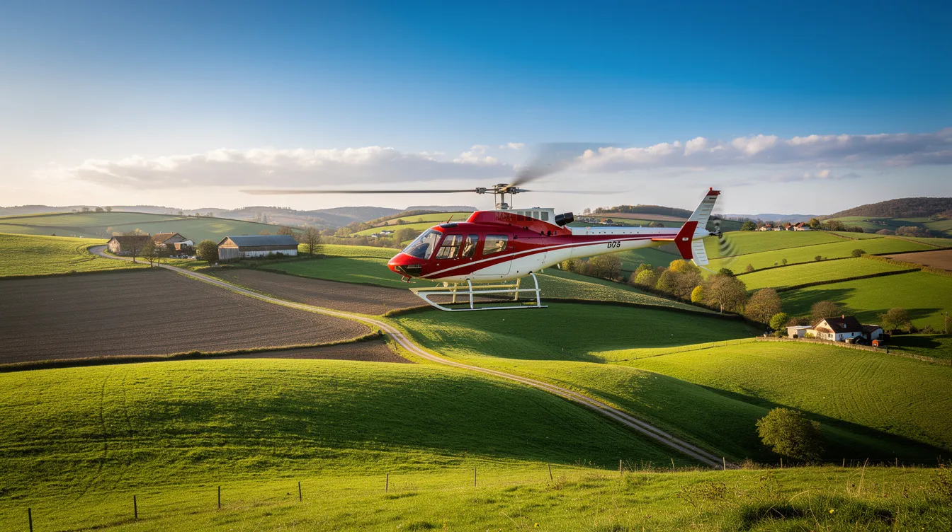 A small red and white helicopter is soaring over lush green rolling hills and farmland, offering a breathtaking view that promises a lifetime experience for those on helicopter tours. The established pilots navigate the leading edge helicopter with precision, ensuring a safe and memorable journey.