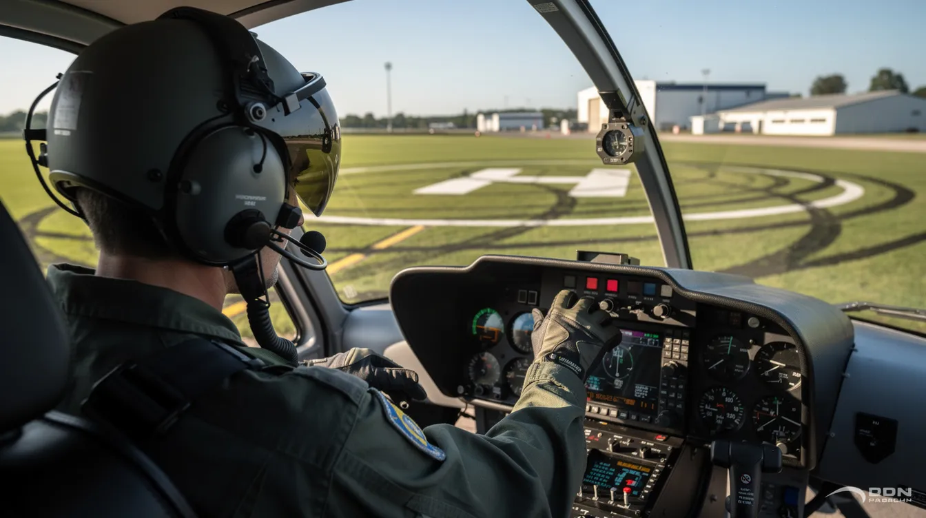 A helicopter pilot is seated in the cockpit, carefully adjusting the instruments before takeoff, while a grassy helipad is visible through the windshield. This moment captures the precision and trust required in helicopter tours, ensuring a safe and thrilling lifetime experience.