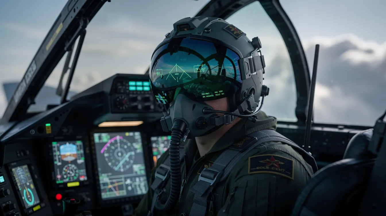 The image depicts a military pilot seated in a modern cockpit of an F-35 lightning II fighter jet, surrounded by advanced digital displays and a heads-up visor that enhances situational awareness. This high-tech environment showcases the aircraft's capabilities as a powerful force multiplier for air dominance in contested environments.