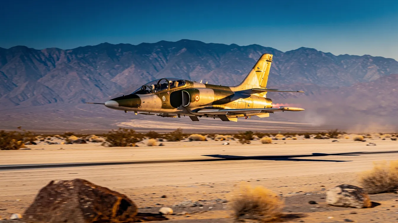 An L-39 Albatros trainer jet soars low over a vast desert landscape, with rugged mountains rising in the background, showcasing the aircraft’s capabilities in flight. This scene captures the essence of air superiority and the training essential for future fighter pilots.