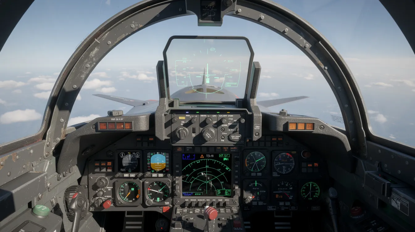 The image shows a close-up view of a fighter jet cockpit, featuring intricate instrument panels and a heads-up display visible through the canopy. This detailed perspective highlights the advanced technology and capabilities that fighter pilots rely on for air superiority during combat operations.