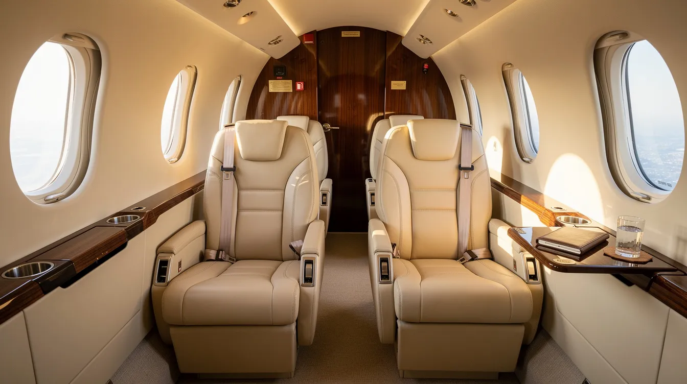 The image depicts the interior of a luxurious small private jet cabin featuring cream leather seats and elegant wooden trim, with soft natural light filtering through oval windows, creating a warm and inviting atmosphere for travelers heading on flights to Key West or other popular destinations.