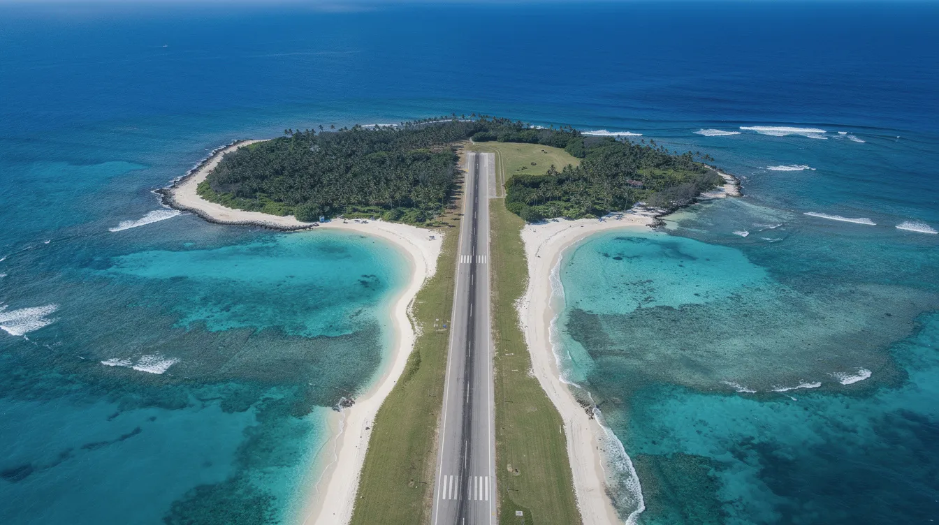 An aerial view showcases a small tropical island nestled in the turquoise and deep blue waters of the Atlantic Ocean, with a runway visible along the shore, perfect for those looking to book flights to Key West. The vibrant colors and surrounding scenery highlight the island's allure as a popular destination for nature lovers and beachgoers alike.
