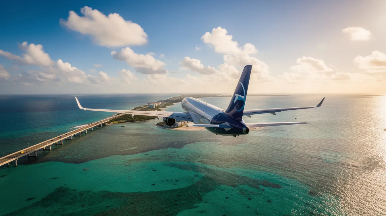 The image showcases a scenic view of Key West, Florida, featuring the vibrant beaches and lush greenery typical of the Florida Keys. It highlights popular attractions like the Ernest Hemingway Home and Fort Zachary Taylor, inviting travelers to explore direct flights to Key West from various cities.