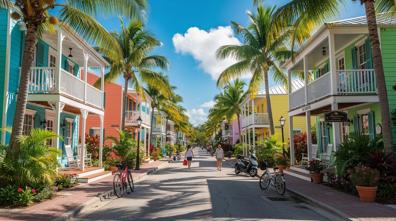 The image depicts a vibrant street in Key West, lined with colorful tropical buildings and tall palm trees under a bright sunny sky, creating a picturesque scene typical of the Florida Keys. Visitors can explore local shops and enjoy the lively atmosphere reminiscent of Duval Street, a popular destination in this charming island city.
