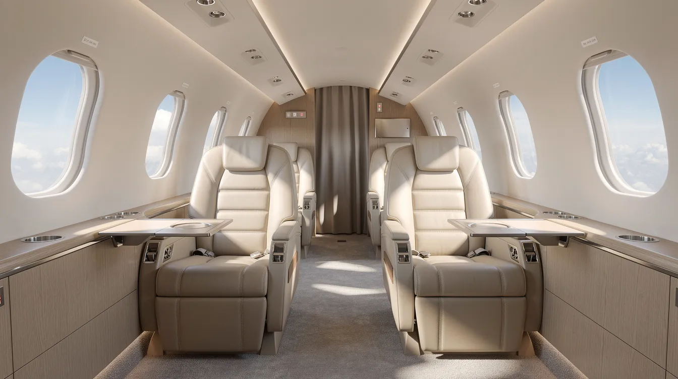 The image shows the interior of a modern private jet cabin featuring plush leather seats and large windows that provide a scenic view outside. This luxurious setting is ideal for travelers flying from Atlanta to Key West, offering comfort and style for those seeking direct flights to popular destinations.