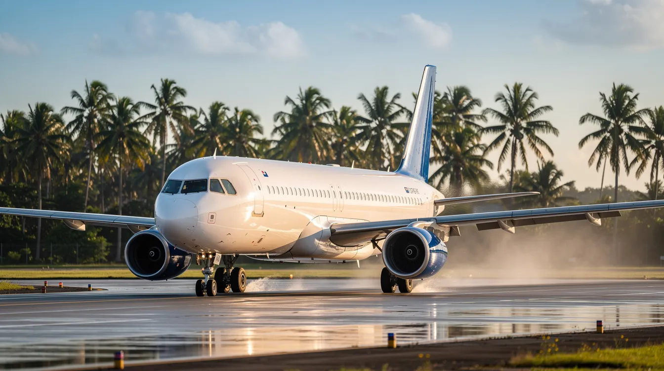 A narrow-body commercial airplane is taxiing on a runway, with lush palm trees visible in the background, suggesting a tropical setting like Key West. This scene captures the essence of travel, particularly for those considering direct flights from Atlanta to Key West.
