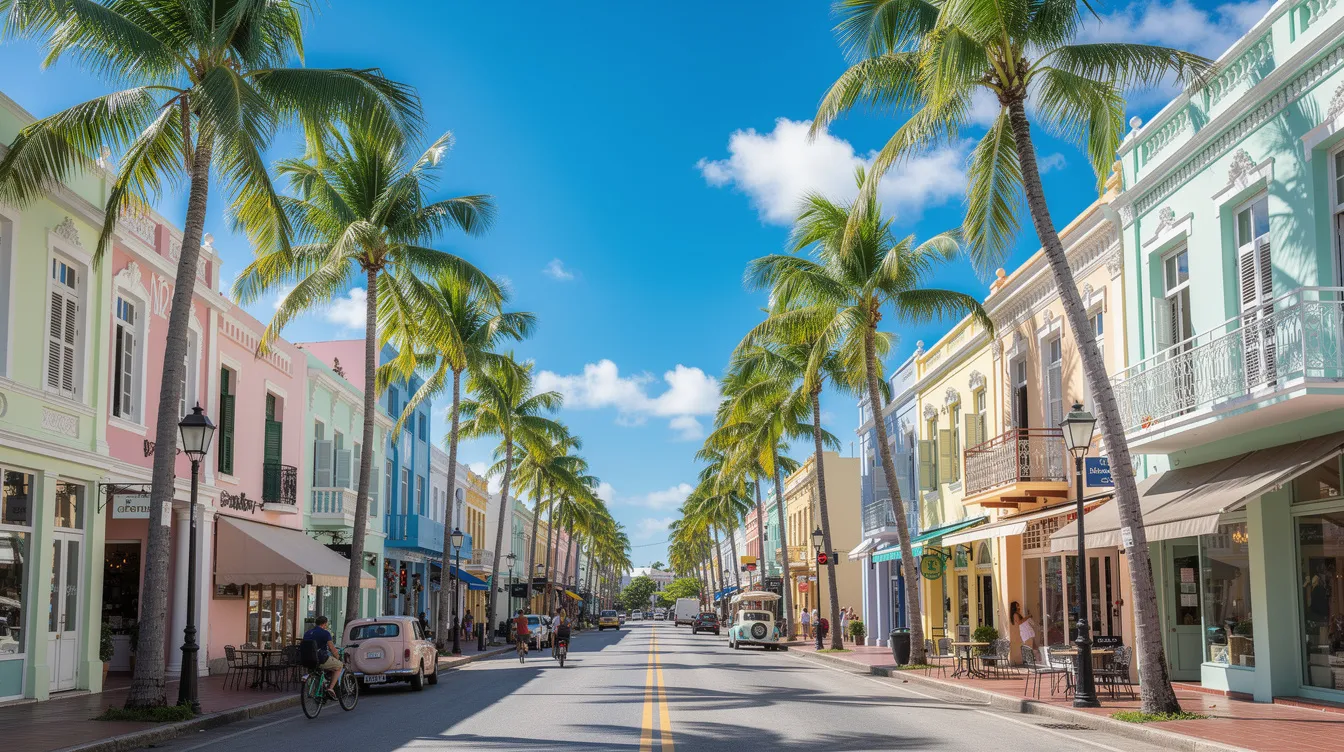 The image depicts a vibrant tropical downtown street in Key West, featuring lush palm trees and charming pastel-colored buildings under a clear blue sky. This picturesque scene captures the essence of a sunny day in Key West, a popular destination for travelers seeking cheap flights from Atlanta.