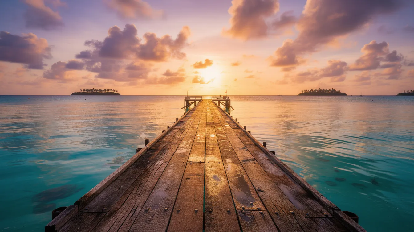 A vibrant sunset casts a warm glow over a wooden pier that stretches into calm tropical waters, creating a serene atmosphere perfect for travelers arriving in Key West. This picturesque scene highlights the beauty of popular destinations for those seeking cheap flights from Denver to Key West.