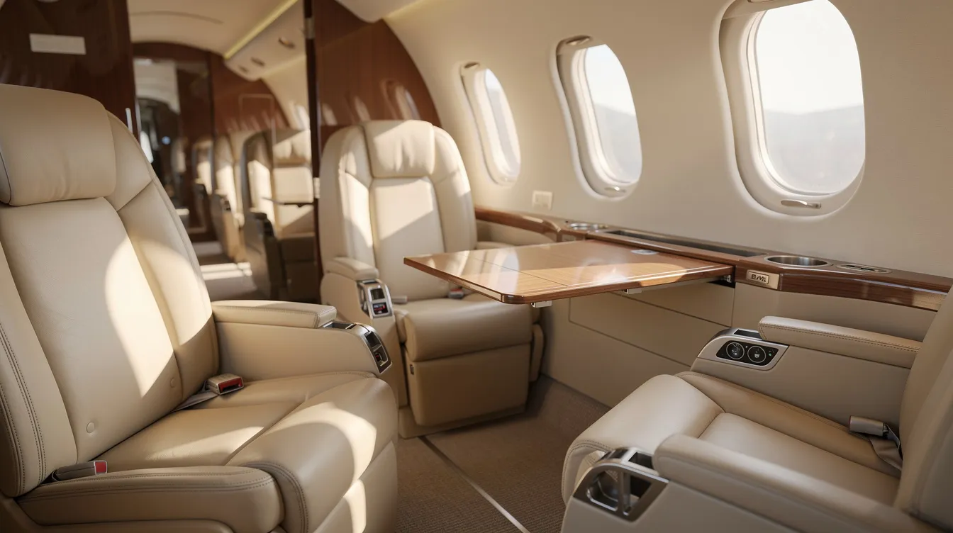 The image depicts the interior of a light jet featuring plush leather seats and a small table, with sunlight streaming through oval windows. This luxurious setting is ideal for travelers seeking comfort on their flights from Austin to Key West, enhancing the overall flying experience.