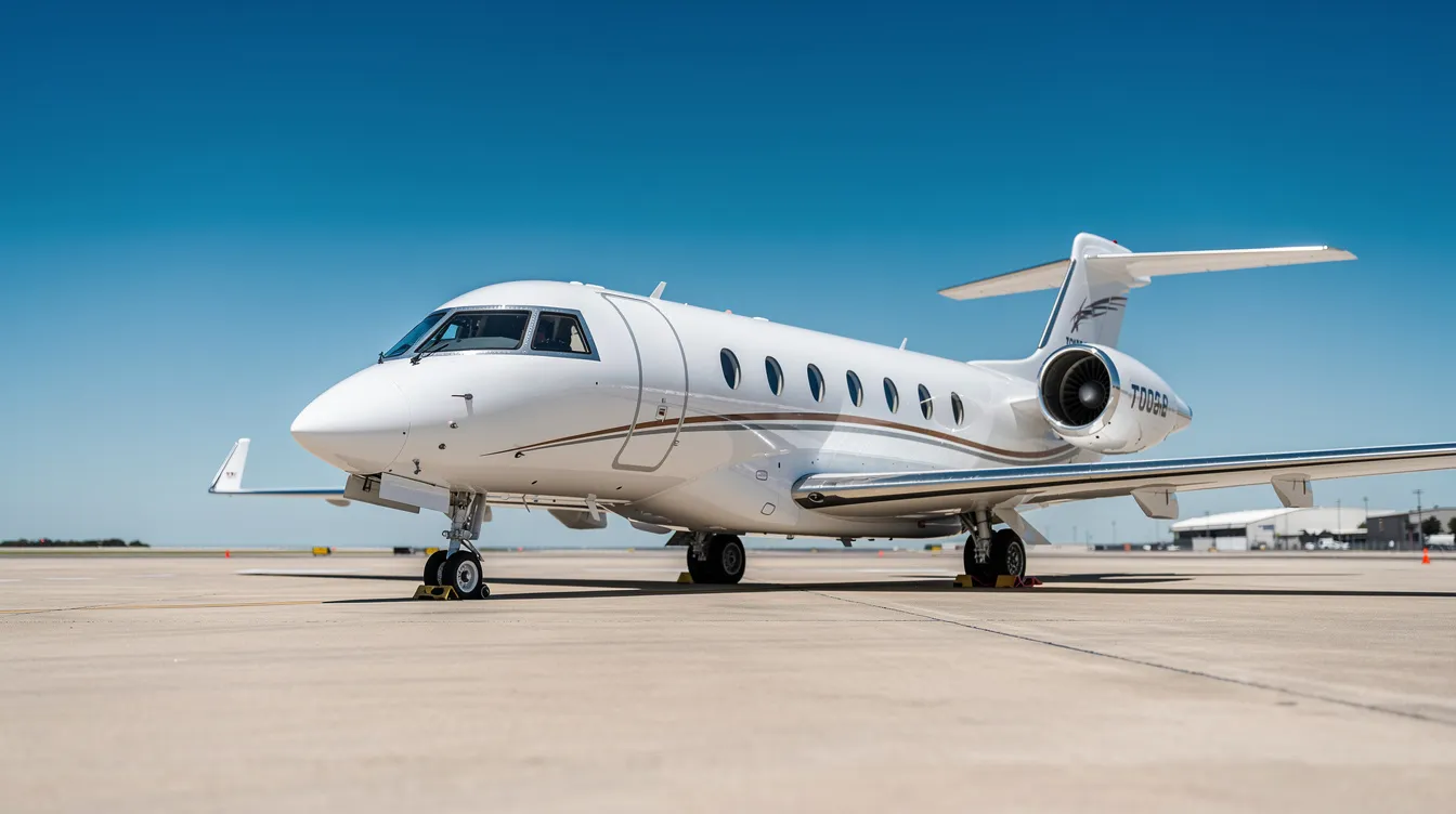 A sleek private jet is parked on a tarmac, set against a backdrop of a clear blue sky, suggesting an atmosphere of luxury and travel. This image evokes thoughts of booking flights for a business trip or planning an international getaway.