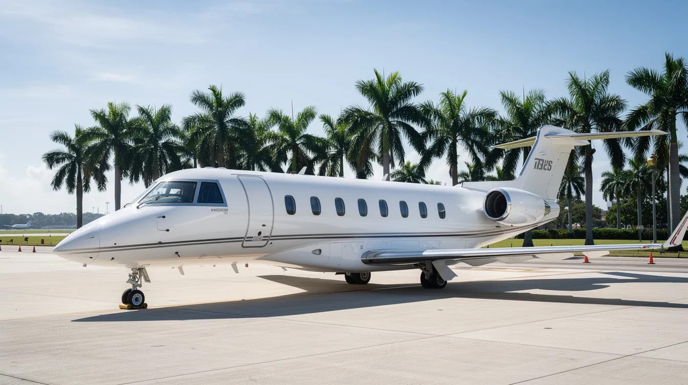 A small private jet is parked on a sunny tarmac at Key West International Airport, surrounded by palm trees, suggesting a tropical getaway. This convenient airport offers direct flights to popular destinations, making it an ideal starting point for travelers heading to the beautiful beaches of Key West.