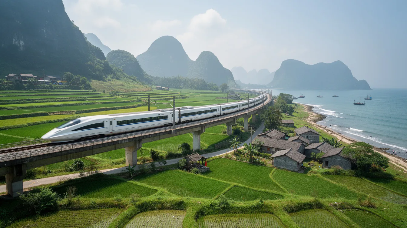 A sleek modern high-speed train glides through the lush green coastal landscape of Fujian province in southeastern China, with distant mountains and the shimmering sea in the background. This picturesque scene captures the beauty of the region, which is near Putian city and offers travelers easy access to nearby airports like Xiamen Gaoqi International Airport and Fuzhou Changle International Airport.