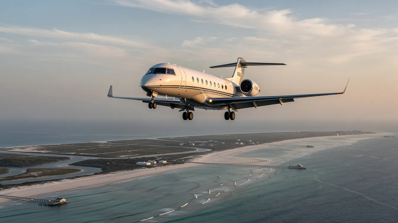 A sleek midsize business jet is shown on final approach over a coastal landscape in South Carolina, with barrier islands visible below. The aircraft is likely heading towards Beaufort Executive Airport, situated near Beaufort MCAS.