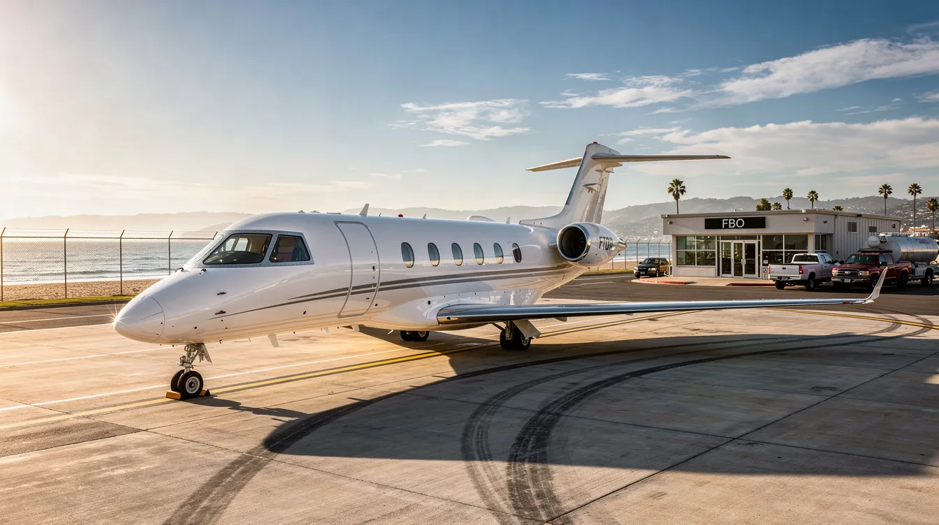 A private jet is parked on the general aviation ramp next to a small Fixed Base Operator (FBO) building in Beaufort, South Carolina, set against a coastal backdrop. The scene captures the essence of Beaufort Executive Airport, with the aircraft ready for its next journey.