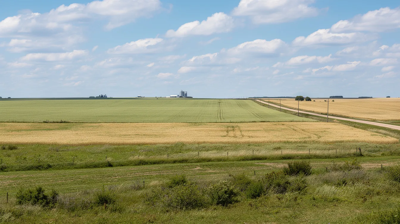 A wide view of flat Minnesota farmland extends to the horizon under a bright blue sky with scattered clouds, showcasing the serene landscape typical of the region near St. James Municipal Airport. The expansive fields highlight the agricultural beauty of Minnesota, with the distant outline of the city of St. James visible.