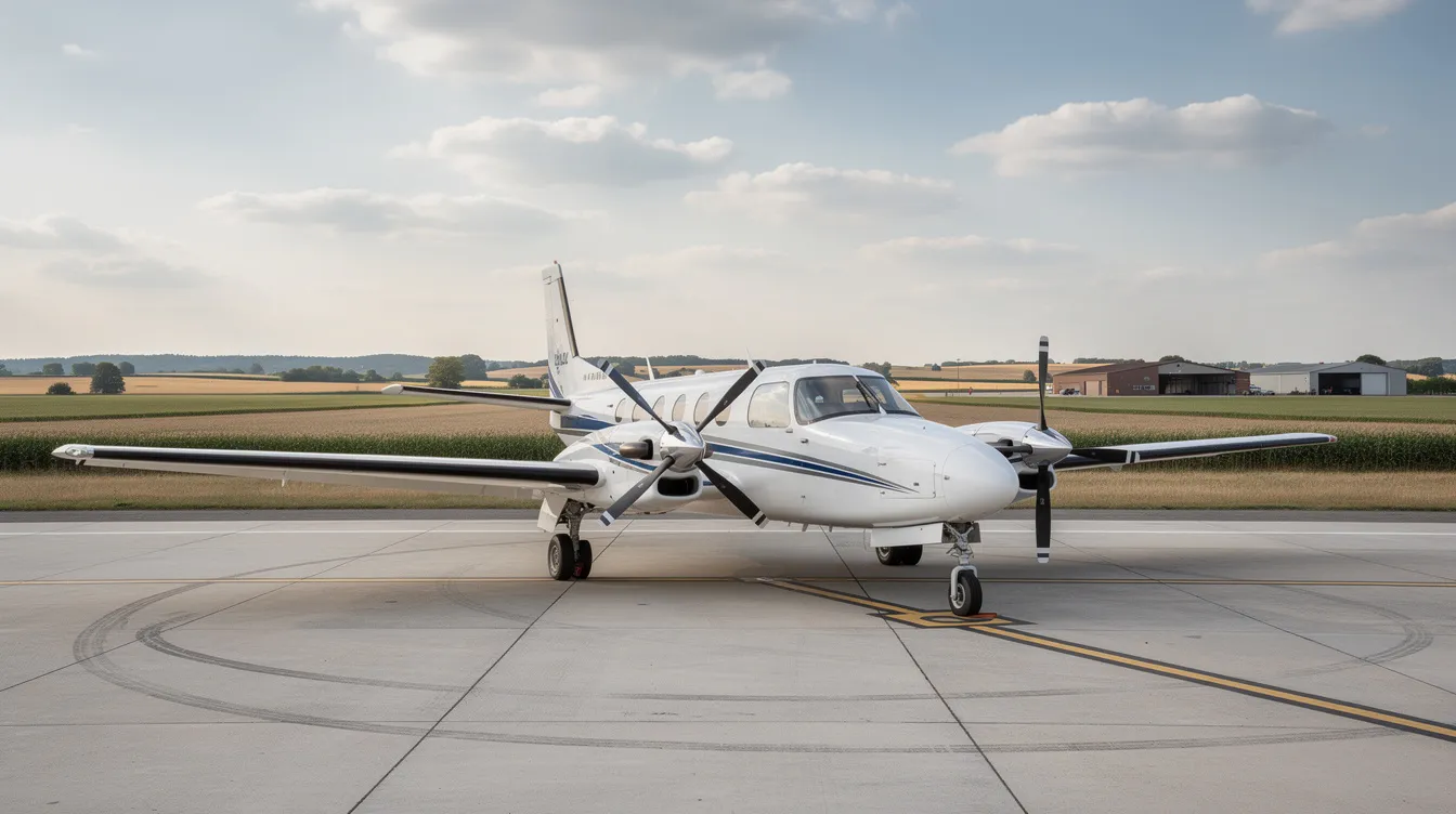 A light turboprop aircraft is parked on the apron of St. James Municipal Airport, with expansive flat farmland stretching out in the background, typical of the Minnesota landscape. The scene captures the tranquil atmosphere of this small airport, often frequented by local aviators.