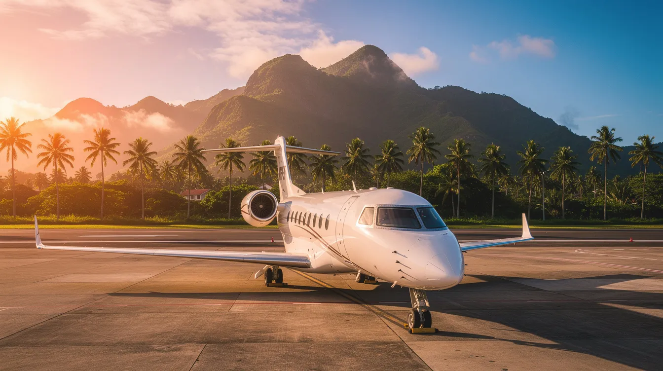 A sleek private jet is parked on a tarmac surrounded by lush palm trees, with the stunning tropical mountains of Jamaica in the background, illustrating a serene travel scene near Sangster International Airport in Montego Bay. The image captures the essence of luxury travel in a beautiful Caribbean setting.