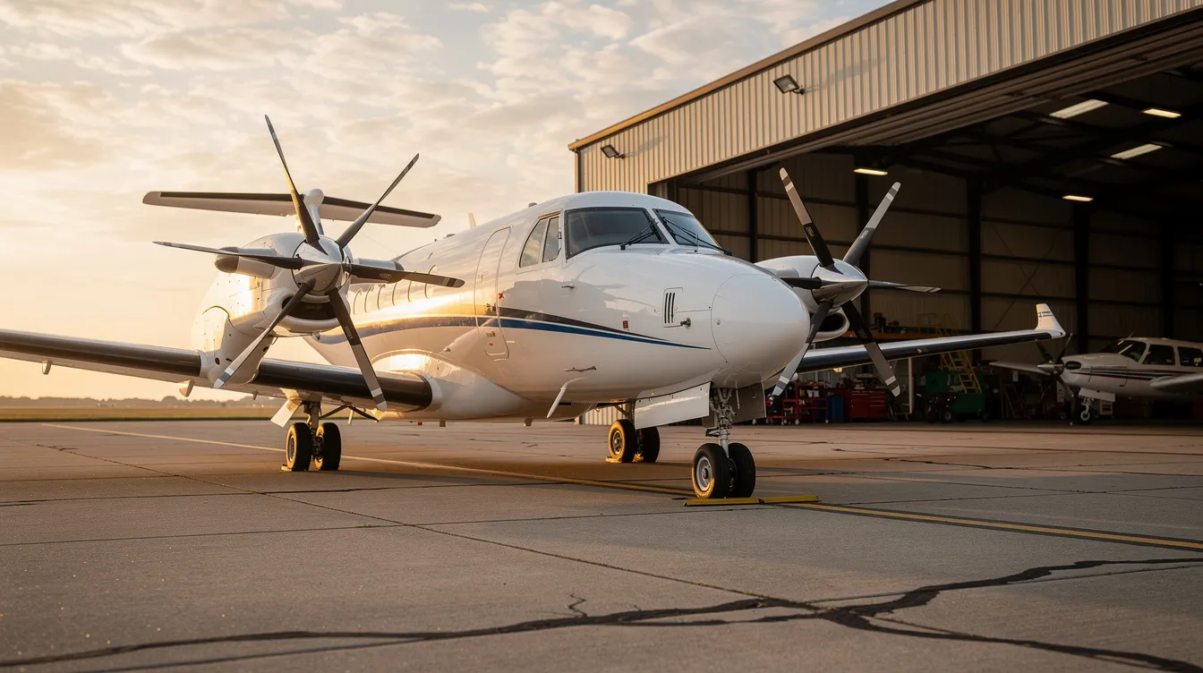 A turboprop aircraft is parked on a small airport ramp, with open hangar doors visible in the background, indicating operations at the metropolis municipal airport. The scene captures the essence of travel and flight, highlighting the aircraft ready for its next journey.