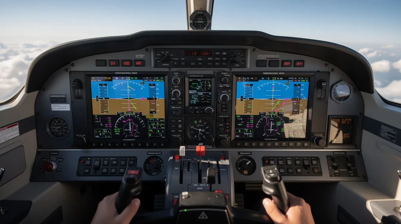 The image features a modern glass cockpit inside a small aircraft, showcasing colorful digital avionics displays that enhance the flying experience for pilots. This advanced cockpit design is typical in light aircraft, providing efficient performance and safety for aircraft owners.