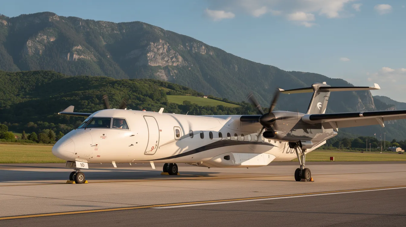 A modern turboprop aircraft, designed for efficient performance, is parked on a runway with lush green hills and mountains in the background, showcasing its sleek design typical of small planes. This personal aircraft represents a reliable option for aircraft owners looking for fuel-efficient travel.