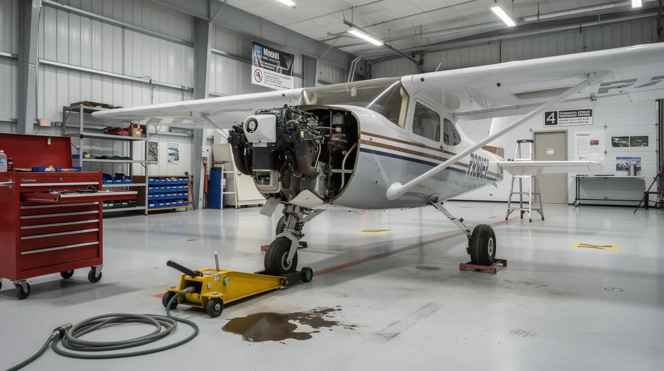 A small airplane is parked inside a maintenance hangar, surrounded by various tools and equipment essential for aircraft upkeep. The scene highlights the importance of regular maintenance and inspection costs for aircraft owners, particularly for light aircraft and single engine planes.