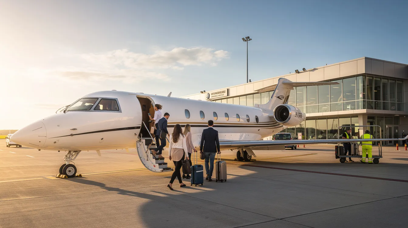Passengers are boarding a small private jet at a compact airport terminal on a sunny morning, with the light aircraft showcasing its sleek design and modern avionics. The atmosphere is lively as travelers prepare for their flight in the comfort of this personal aircraft.